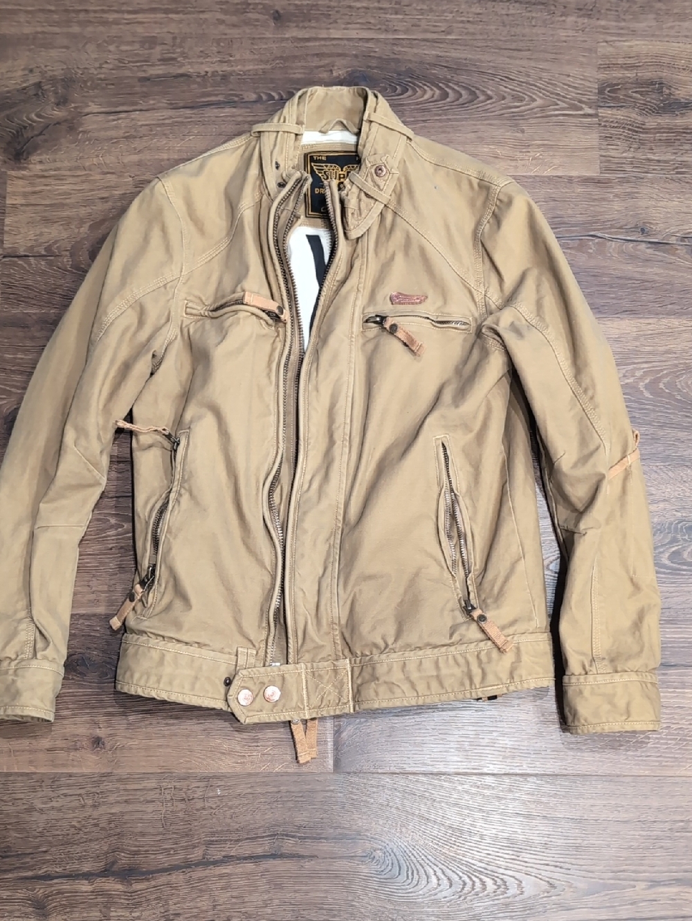 Rare Early Superdry Premium Military Moto Jacket – Tan Cotton Canvas – Slim Fit